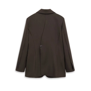 Deep brown slim fit blazer for women featuring a unique buttoned slit back design