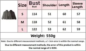 Size chart for women's winter padded jacket with bust and length measurements in centimeters