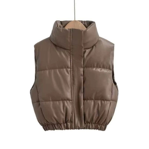 Short quilted brown faux leather puffer vest with high stand collar and elastic hem