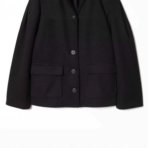 Chic black wool blend short coat with stand collar and large flap pockets for autumn