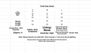 Detailed size chart and fabric specifications for this double-breasted knit cardigan