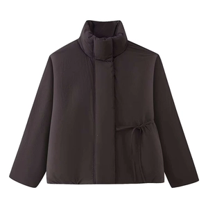 Women's loose winter puffer jacket with high collar and side drawstring waist detail
