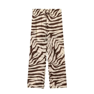 Pantalon rétro d'été à imprimé zèbre avec taille élastique à cordon en café et crème