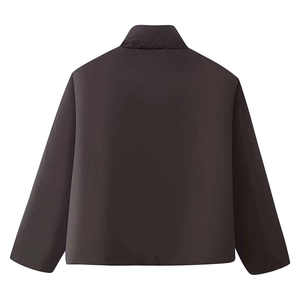 Women's dark gray stand collar loose puffer jacket with side drawstring from back view
