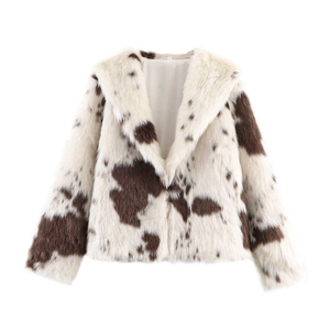 Women Vintage Faux Fur Cow Print Coat Lapel Long Sleeve Winter Warm Jacket Outerwear