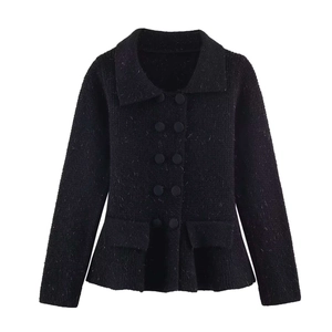 Detailed view of the double-breasted knit cardigan featuring a lapel collar and rich texture