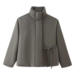Taupe stand collar cropped puffer jacket with side drawstring details and matte finish