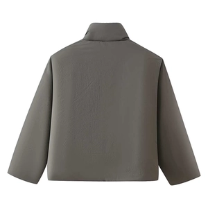 Rear view of dark grey oversized puffer jacket featuring stand collar and side drawstrings