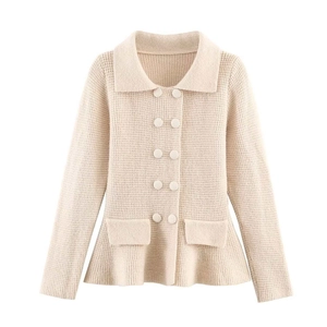 Beige waffle knit double-breasted cardigan with lapel collar and flap pockets