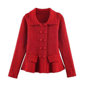 Classic red double-breasted cable knit cardigan with lapel collar and twin flap pockets