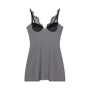 Women Sexy Deep V Neck Lace Patchwork Mini Dress Slim Fit Corset Sling Dress Sleeveless Grey Party Dress