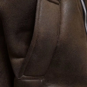 Deep brown faux suede biker jacket featuring premium stitching and functional side pocket