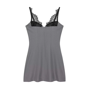 Slim fit grey camisole dress with black eyelash lace deep V-neck and shoulder straps