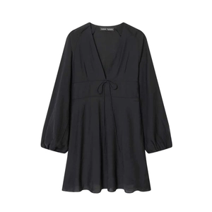 Women Black V-Neck Long Sleeve Dress With Waist Tie Lantern Sleeve Elegant Casual Solid Color Polyester Fashion Short A-Line Dress