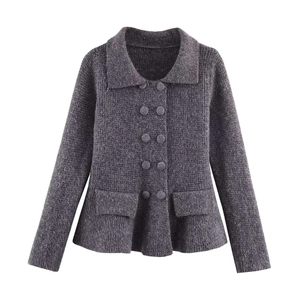 Detailed view of dark grey double-breasted knit cardigan with lapel and pocket flaps