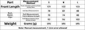 Size chart showing S, M, L measurements for the sequin dress with length and weight info