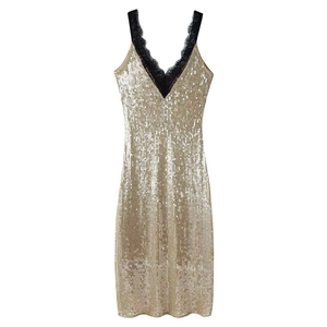 Women Sexy Deep V-Neck Champagne Gold Sequin Midi Slip Dress With Black Lace Trim Elegant Banquet Party Dress