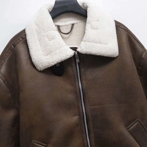 Women's dark brown faux suede shearling jacket with warm white fur collar and zipper