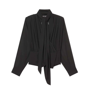 Camicetta da Donna Elegante in Chiffon Nero con Fiocco al Collo e Maniche Lunghe Camicia Plissettata Top da Ufficio Pendolare