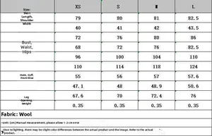 Size chart for women wool blend slim dress with detailed measurements in centimeters