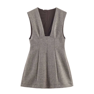 Women Elegant Sleeveless Deep V-Neck Mini Dress Polyester Solid Color Slim Fit High Waist A-Line Party Top And Bottom