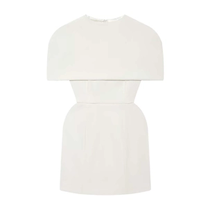 Minimalist white cape-style waist-hugging dress with structured silhouette for women
