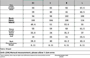 Size chart for striped shirt with ruffles, including XS to L detailed measurements in CM