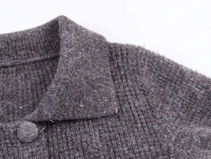 Close-up of charcoal grey mohair knit cardigan collar with elegant fabric-covered buttons