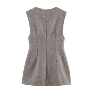 Back view of a grey wool blend sleeveless A-line dress with a seamless zipper closure