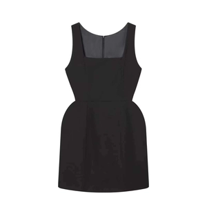 Detail view of the elegant black square neck sleeveless dress with slim fit tailoring