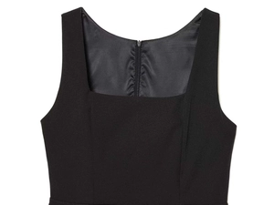 Detail of elegant black sleeveless dress with square neckline and invisible zipper