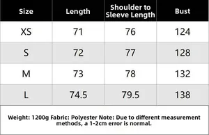 Size chart for women's wool coat detailing length, sleeve, and bust measurements in cm