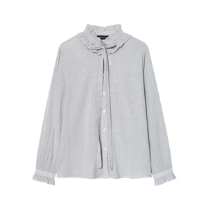 Women Elegant Striped Ruffle Stand Collar Blouse With Bow Tie Long Sleeve Button Up Casual Office Shirt Top