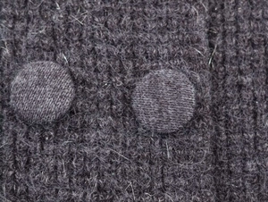 Detail of dark grey knit cardigan featuring fabric-covered buttons and ribbed texture
