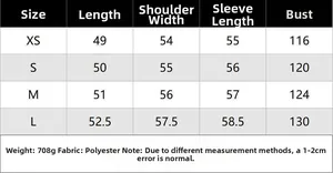 Detailed size chart for V-neck long sleeve jacket set with polyester fabric specs