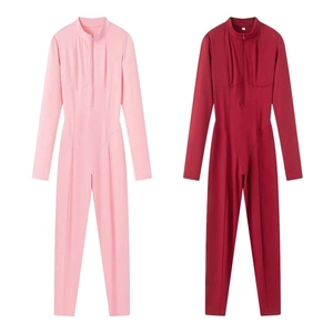 Women's Slim Fit Long Sleeve Stand Collar Zipper Jumpsuit Solid Color High Elasticity Sports Casual One Piece Bodysuit Skinny Pants