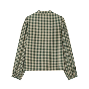 Detailed back view of a green and white gingham shirt with puff sleeves and elastic cuffs