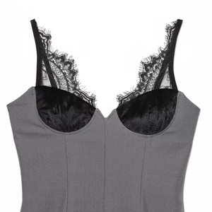 Women's sexy grey and black slim-fit corset dress with eyelash lace and fishbone detail