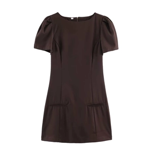 Damen Retro Dunkelbraun Kurz Puffärmel Minikleid Rundhalsausschnitt Slim Fit Figurbetontes Kleid Mit Taschen Und Reißverschluss