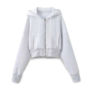 Women's light gray cropped zip-up hoodie featuring a drawstring hood and ribbed cuffs