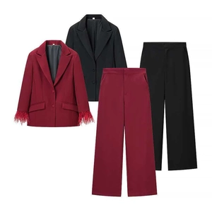 Elegant Blazer And Pants Feather Trim Long Sleeve Notched Lapel Top High Waist Wide Leg Pants Women Office Lady Outfit