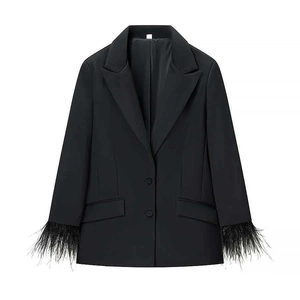 Women's black slim fit blazer set with elegant feather cuffs and classic peaked lapels