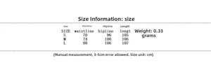 Detailed size chart for women's slim fit trousers showing waist, hip, and length measurements