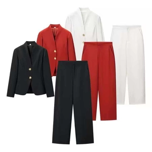 Women's slim fit suit set with blazer and trousers in black, red, and white colors