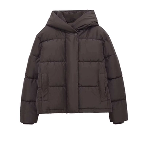 Women's trendy dark brown short puffer jacket with hood and horizontal wide quilting