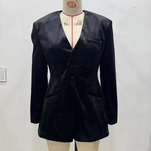Slim fit black velvet long sleeve V-neck blazer romper with two button closure