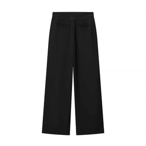 Rear view of black high-waisted wide-leg trousers featuring two back welt pockets