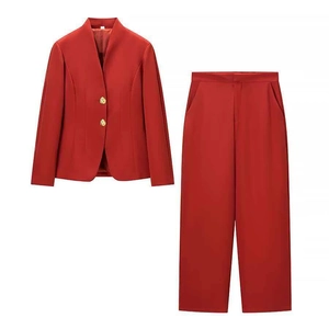 Women's chic red slim-fit blazer and wide-leg trousers set with gold button details