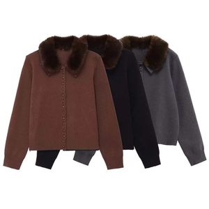 Women Vintage Faux Fur Collar Knit Cardigan Elegant Single Breasted Button Up Long Sleeve Slim Fit Ribbed Sweater Top