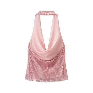Pink halter top with satin cowl neck and rhinestone mesh fabric for women fashion